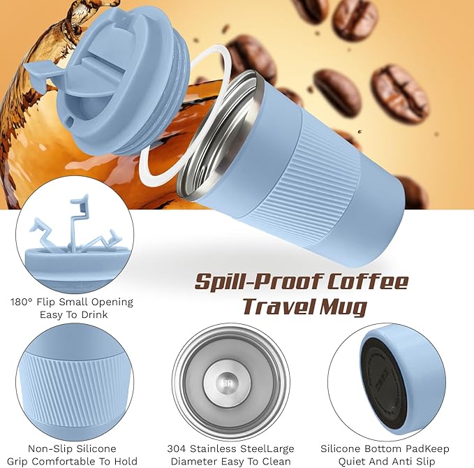 SPLMIFA Vacuum-Insulated Stainless Steel Travel Coffee Mug, Leak-Proof Reusable Coffee Cup with Lid - Keep Hot & Cold Drinks for Hours, Durable Insulated Tumbler for Men & Women(3rd-Light Blue, 17OZ)