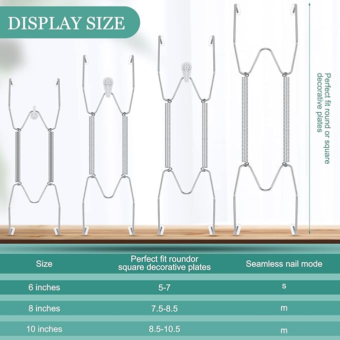 Hotop 12 Pieces Plate Hangers for Wall Stainless Steel Wire Invisible Heavy Duty Plate Hangers Display Holders with 12 Pieces Hooks for Wall Decorative(6/8/10 Inch,Silver)