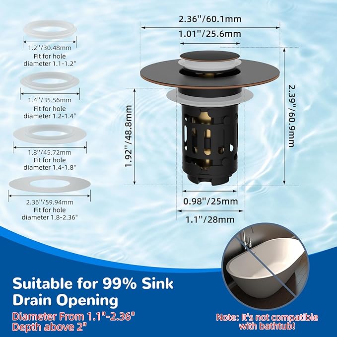 Hibbent 3 Pack Upgraded 3-in-1 Bathroom Sink Drain Strainer, Universal Pop-Up Stopper with Removable Stainless Steel Filter Basket Hair Catcher, Sink Plug for 1.1''~2.36'' Basin, Oil-Rubbed Bronze