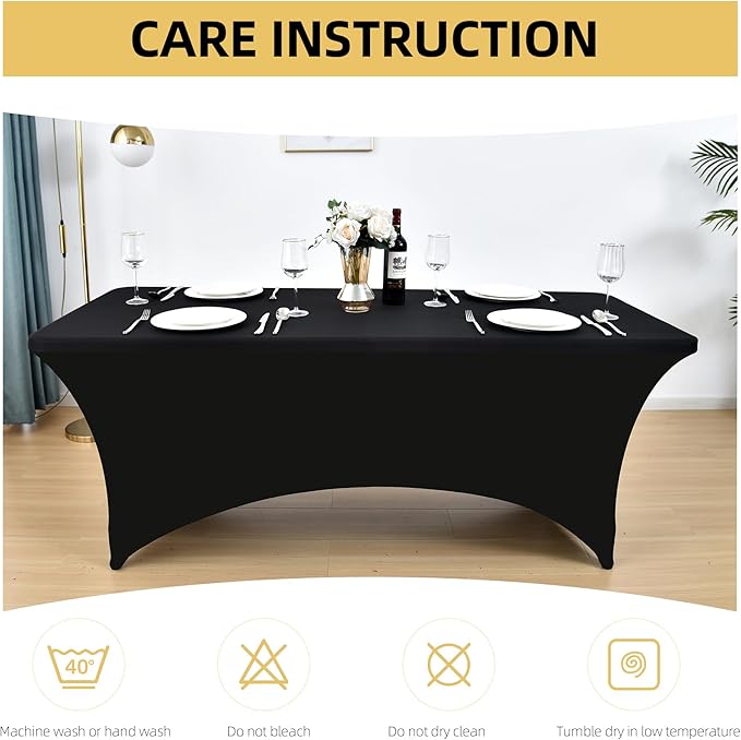 ZarzaaSik 6-Pack 4ft Spandex Black Table Covers for Rectangular Folding Tables - Wrinkle Resistant Stretch Tight Table Cloths - Ultimate Fitted Table Protector for Parties, Trade Shows, and Wedding