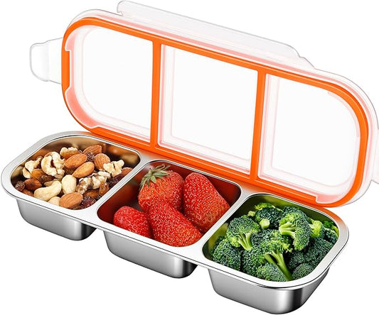 KTKUDY Stainless Steel Snack Container for Kids & Adults - Leak-Proof 3-Compartment Stackable Snack Lunch Box for Daycare, School, Work & Travel