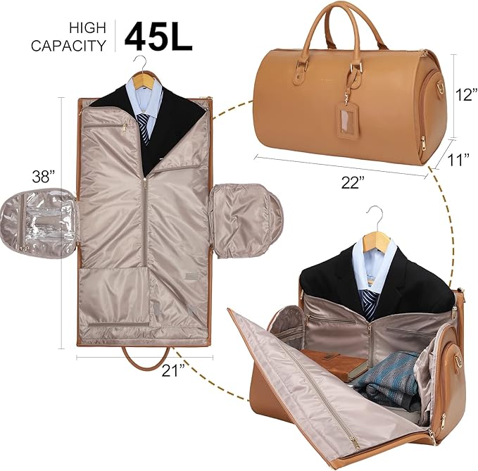 Modoker Women Convertible Leather Garment Bag with Shoulder Strap, PU Leather Garment Duffel Bag Carry on 2 in 1 Hanging Suitcase Suit Travel Bags, Coffee