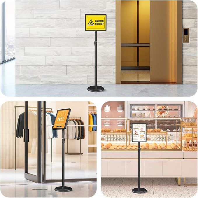 Sign Stand Sign Holder Stand 8.5 x 11 Inches Standing Sign Holder Adjustable Sign Stands for Display Snap-Open Frame 360° Rotating for Business, Outdoor Indoor Poster (Black)