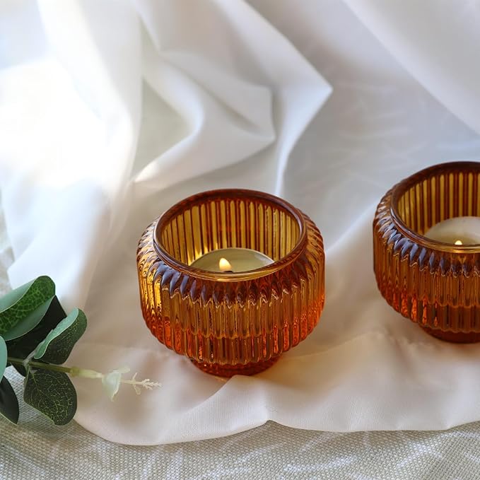 Woho Candlestick Holders Set of 8 for Taper/Votives/Tealight Candles, Amber Taper Candle Holders for Fall Wedding Decor, Ribbed Glass Candle Sticks Holder Decor for Dinner Table/Holiday Party