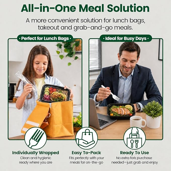 Meal Prep Containers with Lids 32oz-50 Pack & 50 Forks Individually Wrapped, Disposable Food Storage Containers BPA Free, Leak-Resistant, Microwave & Freezer Safe for Salad,Lunch,Take out,Togo Box