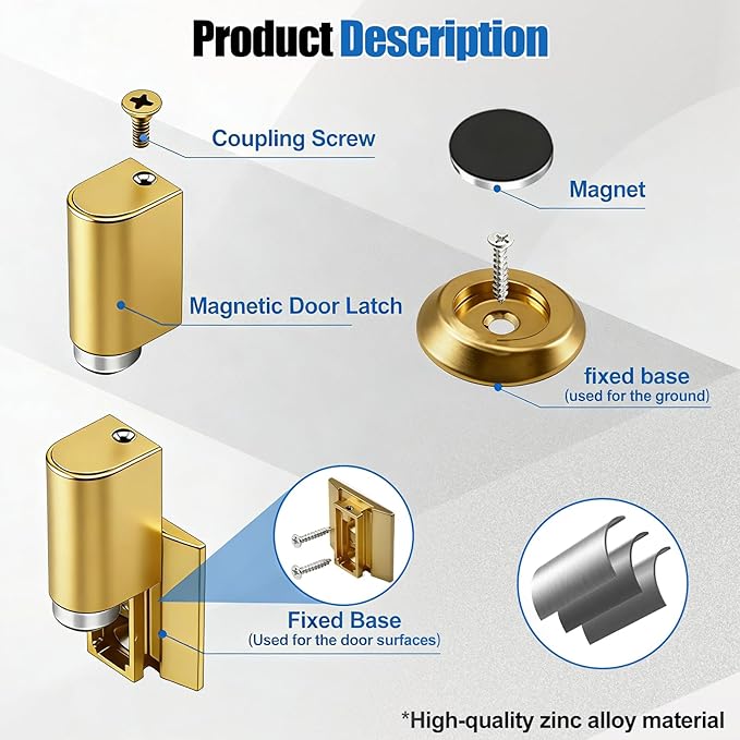 Upgraded Magnetic Door Stoppers, Retractable Bottom Door Holder, No-Drill Invisible Doorstops, Heavy-Duty Windproof Doors Wedge Stopper with Screws and Adhesive Pads (Brushed Gold)