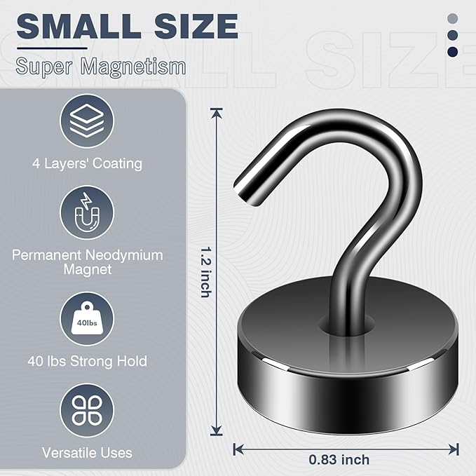 Neosmuk Magnetic Hooks, Cruise Ship Essentials, 40lb+ Heavy Duty Magnetic Hooks for Cruise Cabins, Refrigerator, Grill, Hanging, and Travel | Extra Strong Must-Have Magnet Hook, Gunmetal, Pack of 20