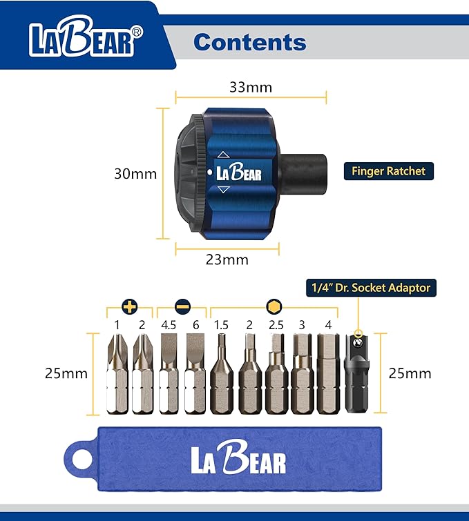 LABEAR 11pcs 1/4" DR Palm Ratchet kit, Mini Finger Ratchet, Gear Wrench, Screwdriver Bits with Philips,Slotted