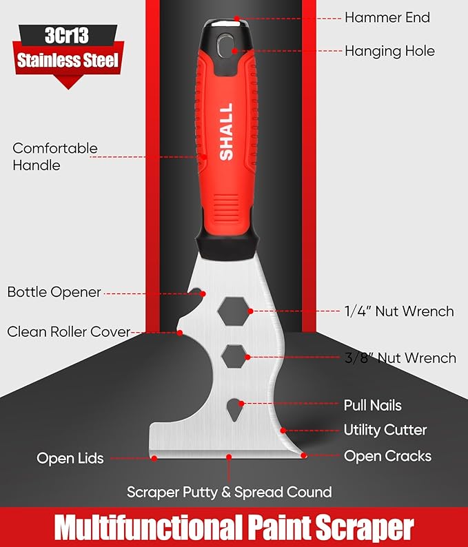 SHALL 8-In-1 Paint Scraper, Stainless Steel Paint Remover Scraper Tool, Putty Knife with Hammer End and Comfort Handle, Metal Spackle Scraper for Removing Drywall Paint, Caulk, Wood, Wallpaper