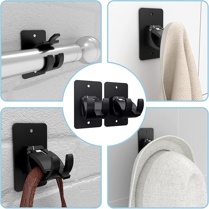 4 Pieces Self Adhesive Curtain Rod Bracket, Universal Plastic Curtain Rod Holders, No Drill Curtain Rod Brackets Curtain Rod Hooks for Bathroom, Bedroom, Livingroom, Kitchen (Black)