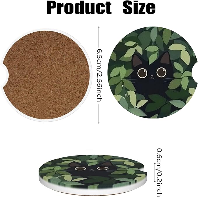 Car Cup Holder Coasters, 2 Pcs Ceramic Coasters with Cork Back and Finger Slot, Anti-Slip Shock Absorbing Women and Men Universal Car Accessories - Lovely Black Cat
