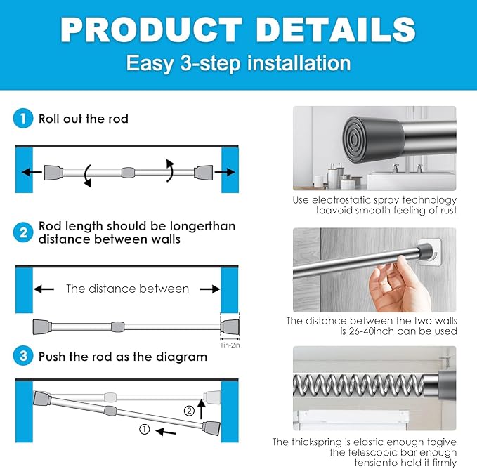 2Pack Tension Curtain Rod 26-39 inch Spring Tension Rod Silver Adjustable Spring Rod Extendable Tension Rod for Kitchen, Bathroom, Window, Bookshelf, Closet