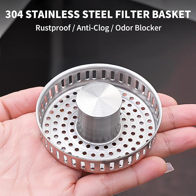 2 Pack – 3-in-1 Kitchen Sink Drain Strainer Stopper, 304 Stainless Steel Pop Up Sink Plug with Removable Filter Basket, Fits 3-1/2” US Standard Drain, Anti-Clog, Rustproof, Odor Blocker