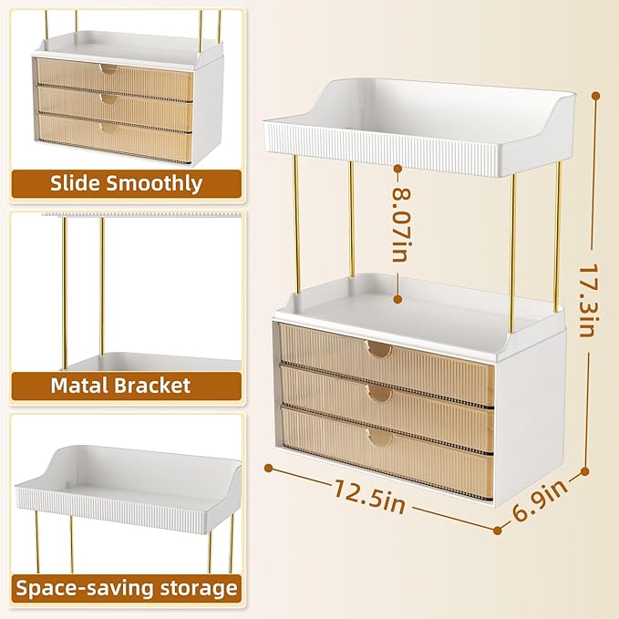 5 Tier 3 Drawers Makeup Organizer, 2 Set Bathroom Organizers and Storage,Cosmetic Storage Drawer for Dresser Countertop and Bathroom Vanity for Large Skincare, Perfume, Amber