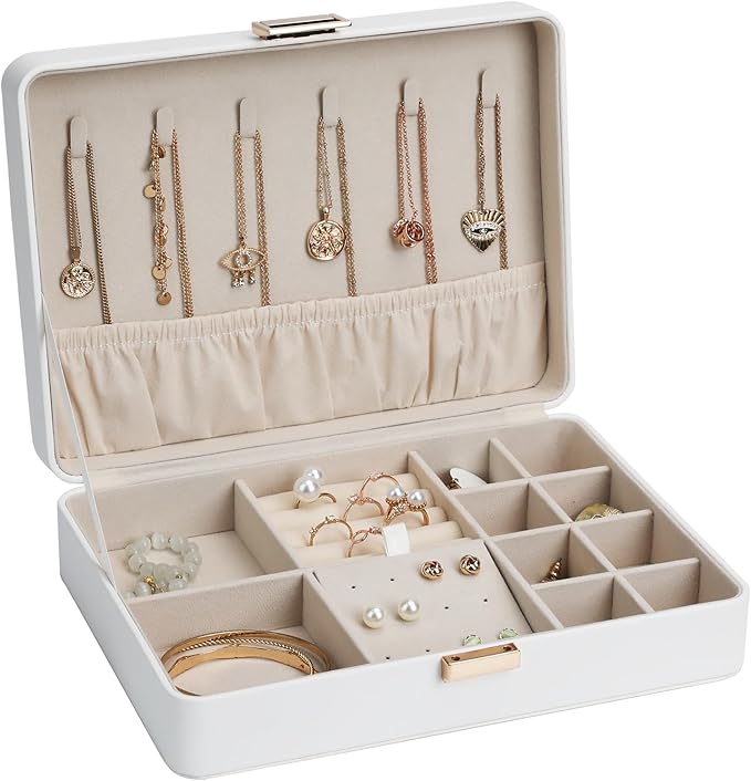 Jewelry Box Secure Travel Jewelry Case Anti-Tarnish Single Layer Organizer for Rings, Earrings, Pendants, Necklaces Compact for Home & Storage White