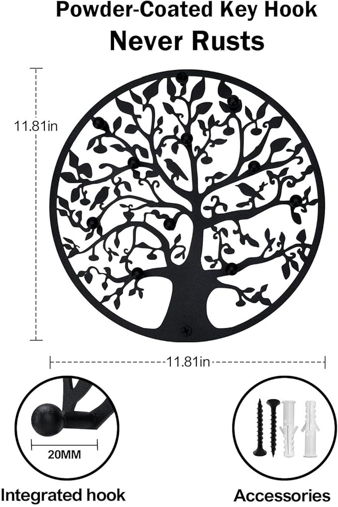 Round Decorative Home Key Holder Wall Mount, Metal Tree Car Key Rack for Wall Organizer for Keys, Wallets, Hats, Used for Decor for House Entryway, Kitchen, Garage, Office (12" Black)