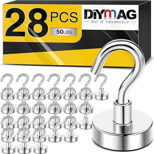 DIYMAG Magnetic Hooks, 28pack Magnet Hook Essentials Strong Heavy Duty Magnetics for Kitchen Refrigerator Hanging Classroom Cruise Cabins Accessories Silver