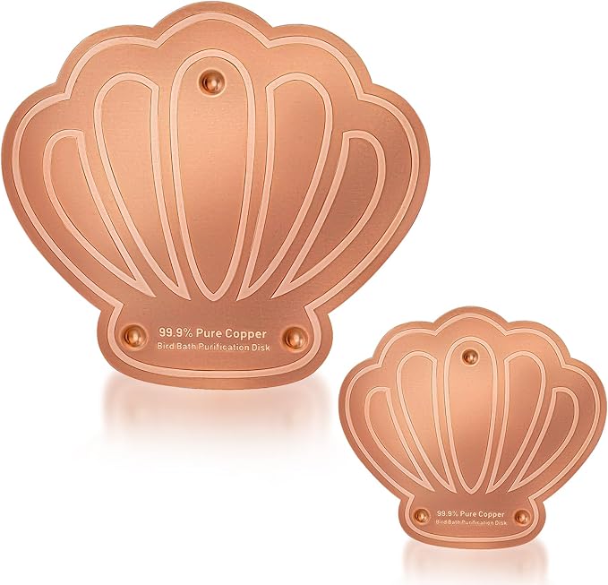 Bird Bath Copper Disk, 2pcs Shell Shaped 99.99% Pure Copper Cleaning Disc Plate for Physical Safe Water Purification All-Season for Outdoor Wildlife Bird Bowls Birdbaths Solar