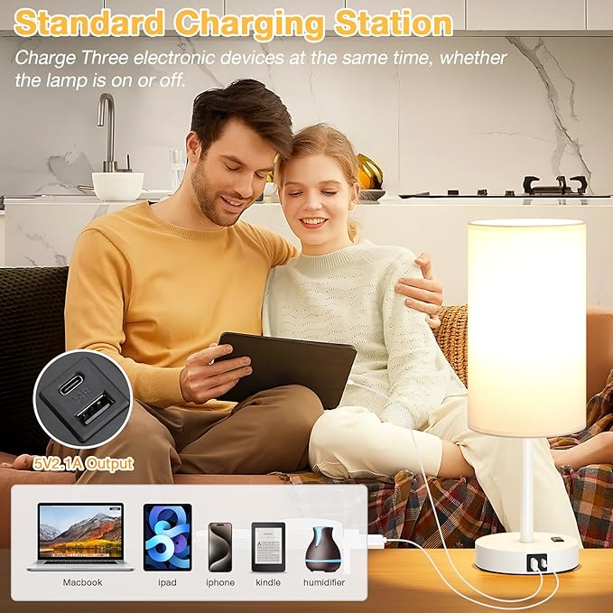 Dicoool Touch Bedside Table Lamp with USB - 3 Way Dimmable White Lamp for Bedroom Nightstand, Desk Lamp with Charging Station for Dorm, Office, Kids Room, Living Room