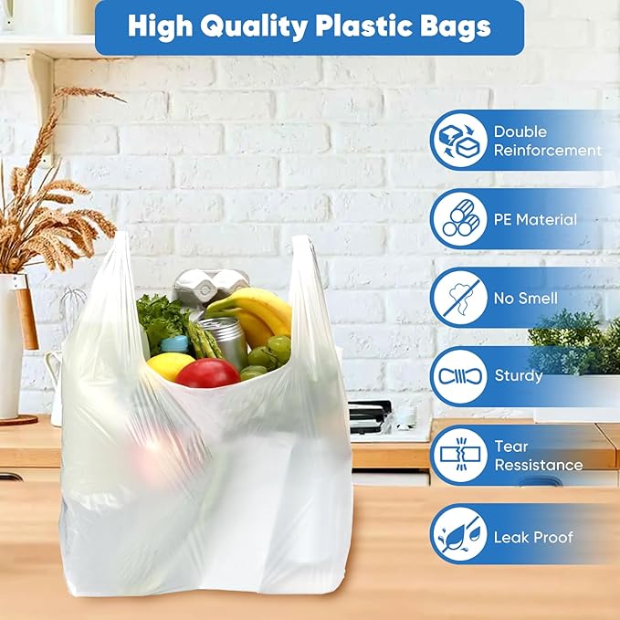 LainNeala T-Shirt Bags, 1000 Count, With Handles - Recyclable White Plastic (11"x 6"x 21")