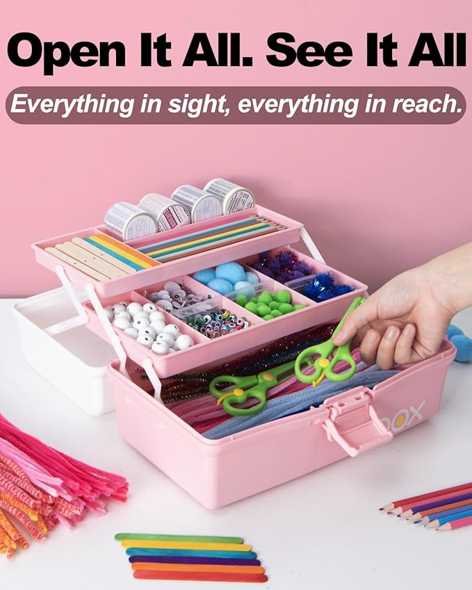 12in 3-Layer Plastic Craft Organizers and Storage, Portable Folding Tackle Box with Handle & Adjustable Dividers, Multipurpose Case for Sewing, Art Supplies, Medicine, Tools (White Pink)