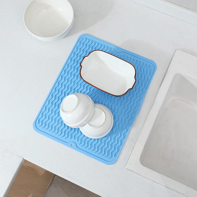 MicoYang Silicone Dish Drying Mat for Multiple Usage,Easy clean,Eco-friendly,Heat-resistant Silicone Mat for Kitchen Counter or Sink,Refrigerator or drawer liner Light Blue L 16 inches x 12 inches