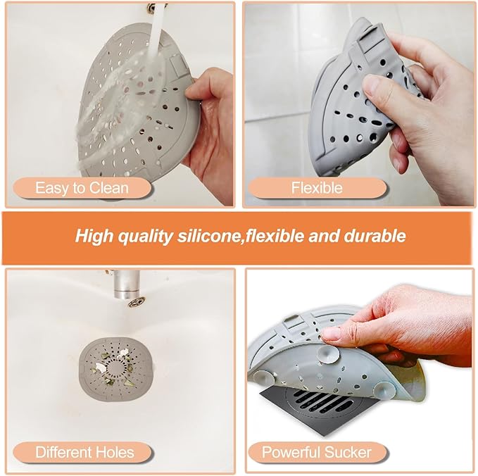 Hair Drain Catcher, Square Drain Cover for Shower, Strong Adhesion Silicone Hair Stopper with Suction Cup, Easy to Install, Suitable for Bathroom, Bathtub, Kitchen, 2 Pack (Jet Black & White)