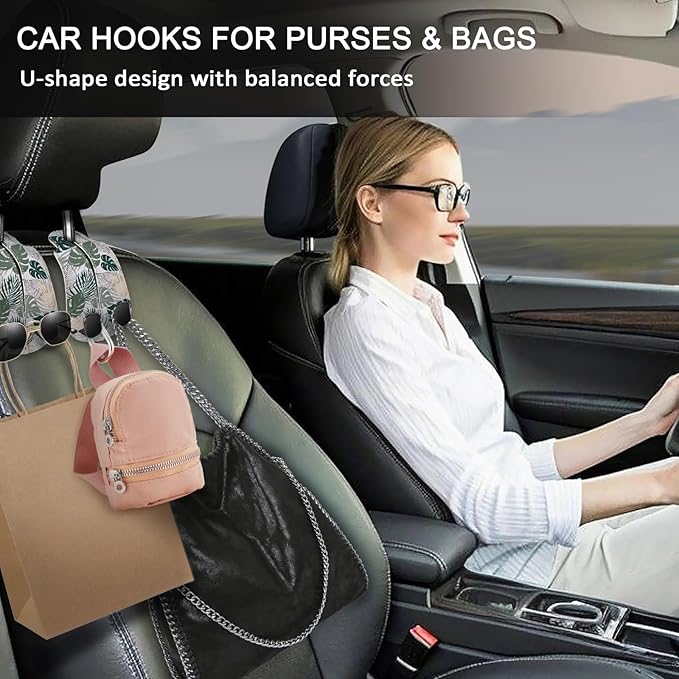 Blusabaca 2PCS Car Seat Back Storage Headrest Hooks, Tropical Leaf Purse Holder Bags Hanger, PU Leather Double Metal Hook for Backseat Organizer, Women Car Accessories Organization