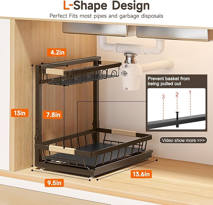 Sevenblue 2 Packs Under Sink Organizer, Height Adjustable 2 Tier Under Kitchen sink organizer, Multi-Purpose Storage Shelf for Kitchen Bathroom Cabinet (Brown, Large)