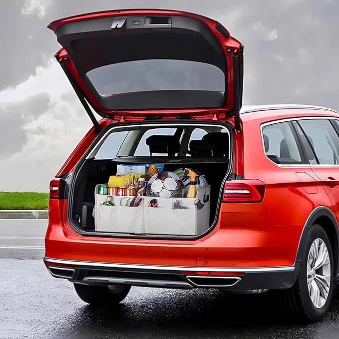 Trunk Organizer For SUV & Sedan, Car Organizers and Storage, Waterproof Collapsible & Adjustable Straps, 75L Sturdy Car Organization for Car Accessories, Tools, Sundries, 2-3 Compartment (Beige)