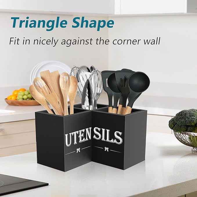 Suli Extra Large Kitchen Utensils Holder with 3 Compartments, Corner Utensil Caddy for Countertop, Wooden Utensil Organizer for Kitchen Countertop, Farmhouse Decor - Black