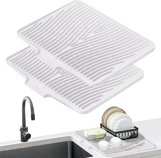TIKNIK Dish Drying Mat,Stone Drying Mat for Kitchen Counter with Built-in Drain,Non-Slip Drying Matt Kitchen Counter, Heat Resistant Silicone Drying Mat, Dish Drying Pad, 2 Pcs(White, 20"x15")