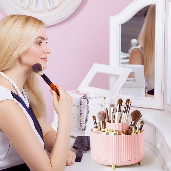 Diesisa Makeup Brush Holder Organizer, 360° Rotating Makeup Brush Organizer, 5 Slot Makeup Brushes Cup for Cosmetics, Nail Polish, Art Supply, Bathroom Vanity Desktop Organizer - Pink