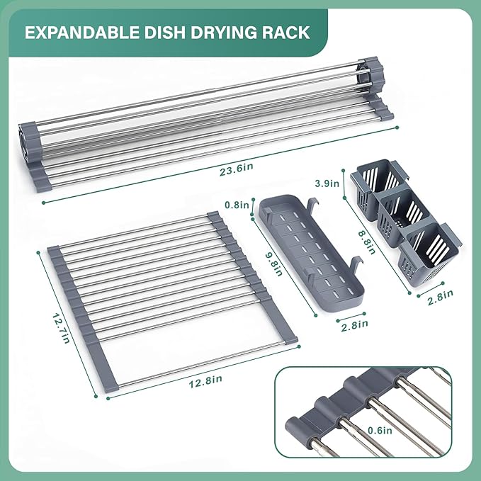 Extra Large Expandable Roll Up Dish Drying Rack, 22.8 x 17.3 in with Expandable Storage Basket Over The Sink Rolling Dish Drainer, Foldable Sink Dish Drainer for Kitchen Counter