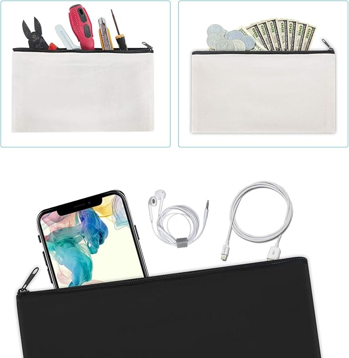 12 Pieces Cotton Canvas Makeup Bag, Multipurpose Cosmetic Bag with Zipper Travel Toiletry Pouch, Blank DIY Craft Bag (Grey, M)