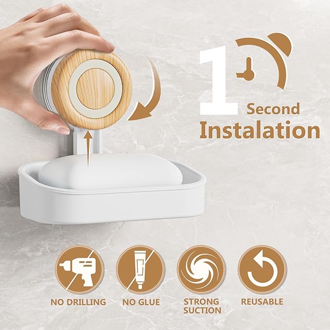 Double Layer Soap Dish for Shower 2 Pack, Wall Mounted Bar Soap Holder Suction Cup 2 Layer Self Draining Soap Case Sponge Holder for Shower Bathroom, Tub and Kitchen Sink, White