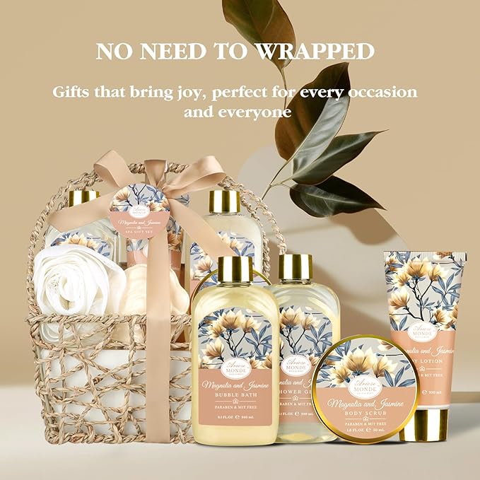 Home Spa Gift Basket, Bath Spa Kit for Women, with Body Lotion, Shower Gel, Bubble Bath, Body Scrub, Bath Salt, Bath Bomb, Bath Gift Set for Mother, Wife Her, with Magnolia and Jasmine Scent
