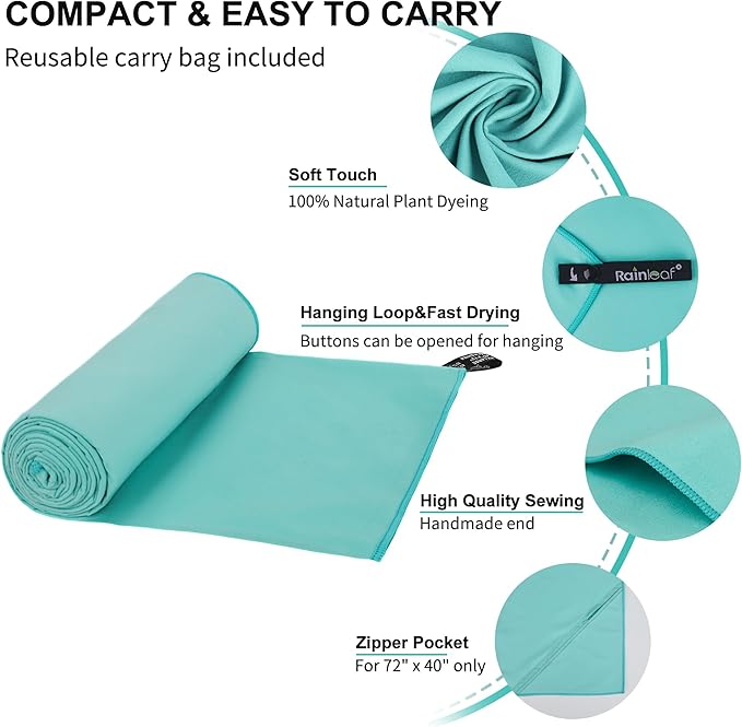 Rainleaf Microfiber Towel: Perfect for Travel, Gym, & Camping. Quick Dry - Super Absorbent - Ultra Compact - Lightweight. Suitable for Trips, Beach, Showers, Backpacking, Pool