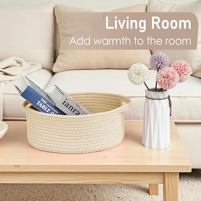 Woven Basket,Small Rope Storage Bin with Handles & Ribbon Bag, Organizer for Shelves Closets,Gift Basket Empty for Birthday,Books,Dog Toys,Beige