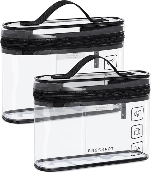 BAGSMART TSA Approved Toiletry Bag, 2 Pack Clear Makeup Cosmetic Bag Organizer, Quart Size Travel Bag for Toiletries, Carry-on Travel Accessories Essentials, Black-2pcs