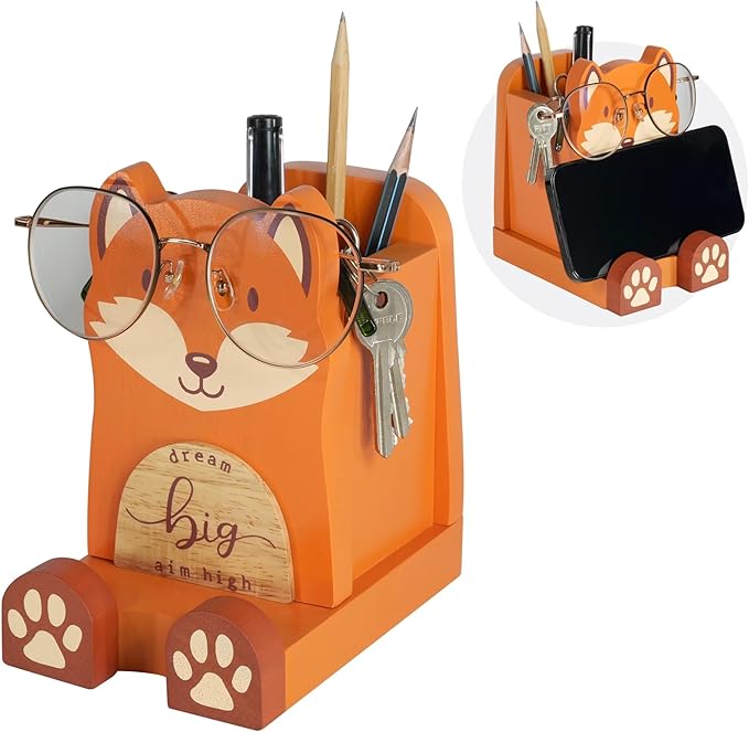 I'm a Solid Wood Multipurpose Eyeglass, Phone, Pen, and Pencil Holder Stand. I'm a Stationery Desk Box Organizer Accessories Decor, a Cute Home Office Desktop Decoration, and a great Birthday or Graduation Gift for Fox Lovers. (Fox)
