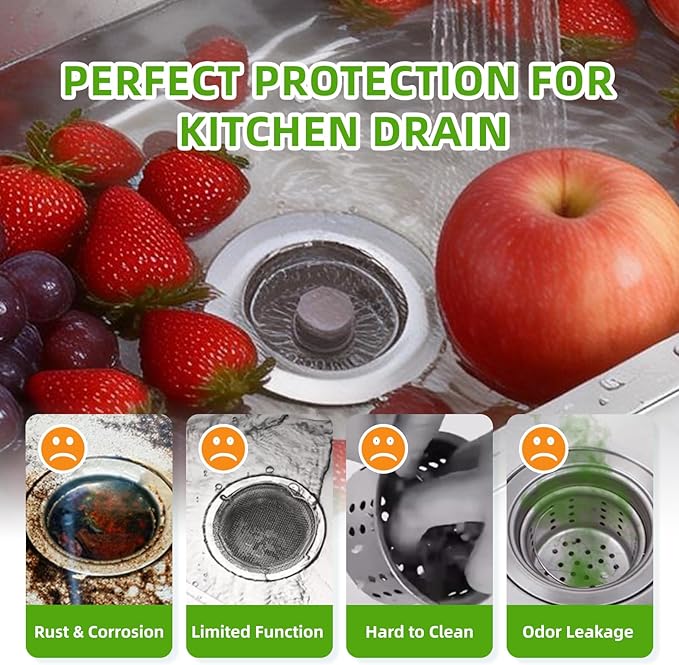 Sink Drain Strainer - Kitchen Sink Stopper, 3 in 1 Kitchen Sink Drain Strainer with Anti-Clogging Basket, Fit US Standard 3-1/2'' Sink Hole