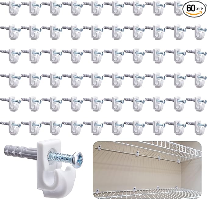 60 Pcs White Down Wall Clips- Wire Shelf Brackets Loop Clips- Closet Maid Support Brackets- Plastic Closet Shelves Clips Screws and Expansion Tubes for Wire Shelving