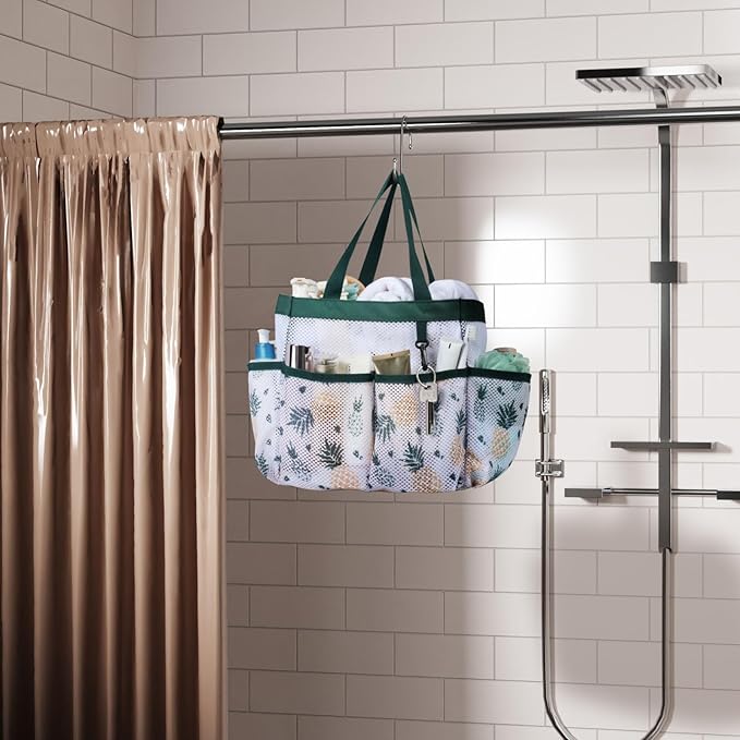 F-color Portable Shower Caddy - Mesh Shower Bag Basket Tote for College Dorm Room Essentials Bathroom Gym Camp Quick Dry for Women Men with S Hook, Green Pineapple