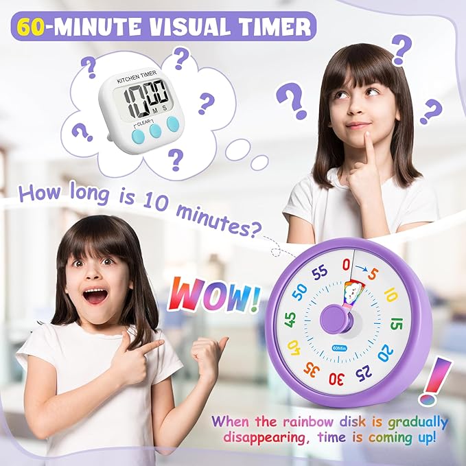 HIPPIH Visual Timer for Kids, 60 Minute Countdown Timers for Classroom Kitchen Office, Rainbow Disk Desk Timer Clock with Silent Operation, Pomodoro Timer Time Management Tools for Toddler ADHD Purple
