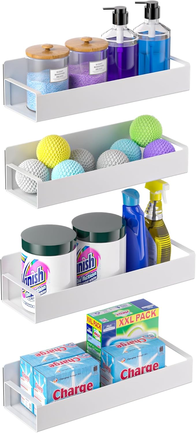4 Pack Magnetic Laundry Organizer, Heavy Duty Magnetic Shelf For Washer And Dryer, White, Iron