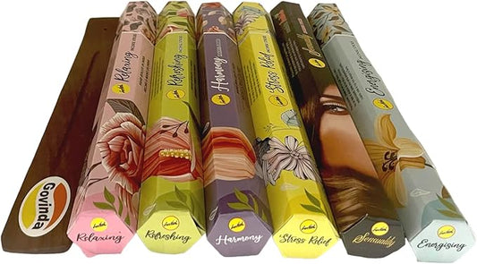 Sreevani Incense Sticks Variety Pack #10 and Incense Stick Holder Bundle with 6 Aromatherapy Fragrances
