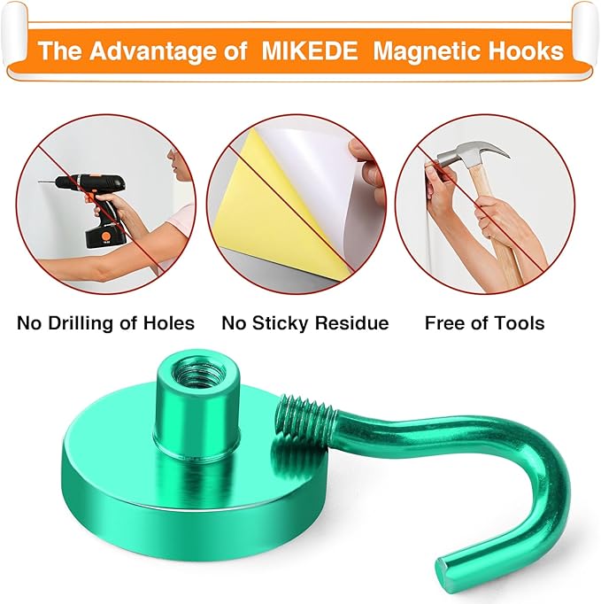 MIKEDE Magnetic Hooks, 50Lbs+ Heavy Duty Magnet Hooks for Cruise Cabins, Super Neodymium Hanging Hooks Strong Magnets with Hook for Fridge, Magnetic Hanger for Grill, Toolbox, Storage(Green, 4 Pack)