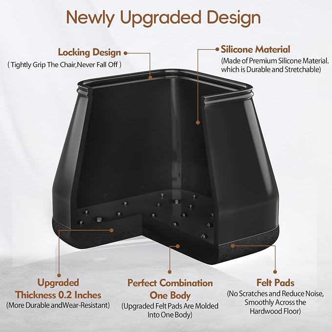 28Pcs Square Chair Leg Floor Protectors with Wrapped Felt Bottom, Silicone Chair Leg Protectors for Hardwood Floors, Chair Legs Cover Prevents Scratches & Reduce Noise (Black S Fit 0.87"-1.10")