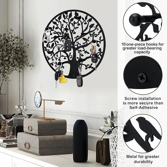 Round Decorative Home Key Holder Wall Mount, Metal Tree Car Key Rack for Wall Organizer for Keys, Wallets, Hats, Used for Decor for House Entryway, Kitchen, Garage, Office (12" Black)